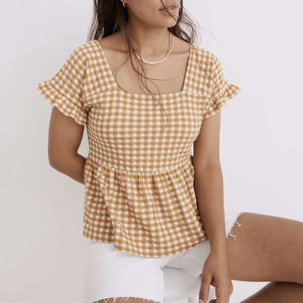 Madewell Antique Gold Gingham Knit Ruffle-Hem Top